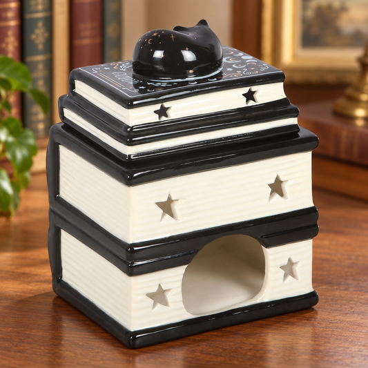 Grand Brûle-parfum pile de livres avec chat noir