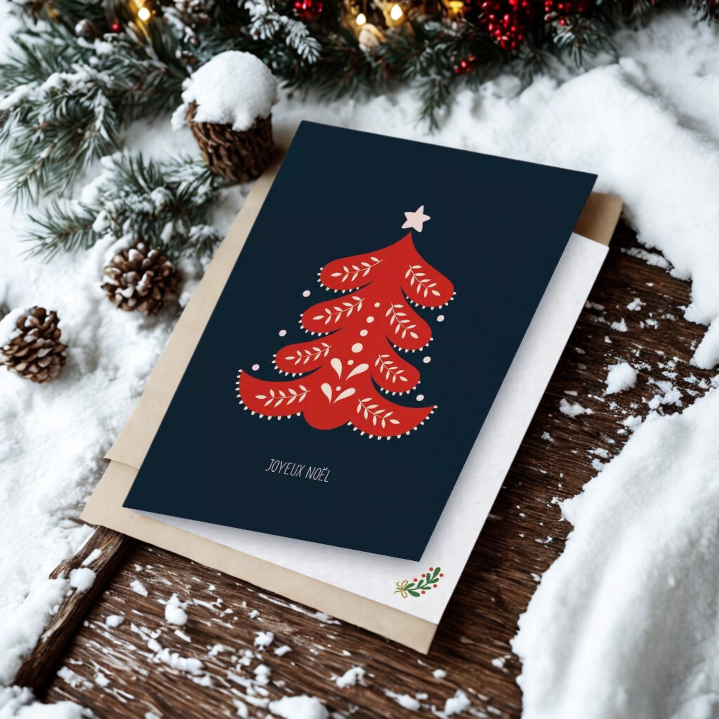 Carte postale Sapin rouge et son enveloppe