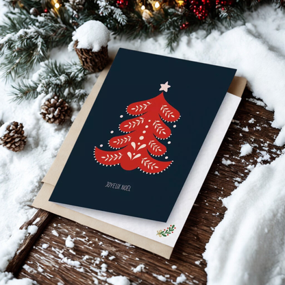 Carte postale « Sapin rouge » et son enveloppe