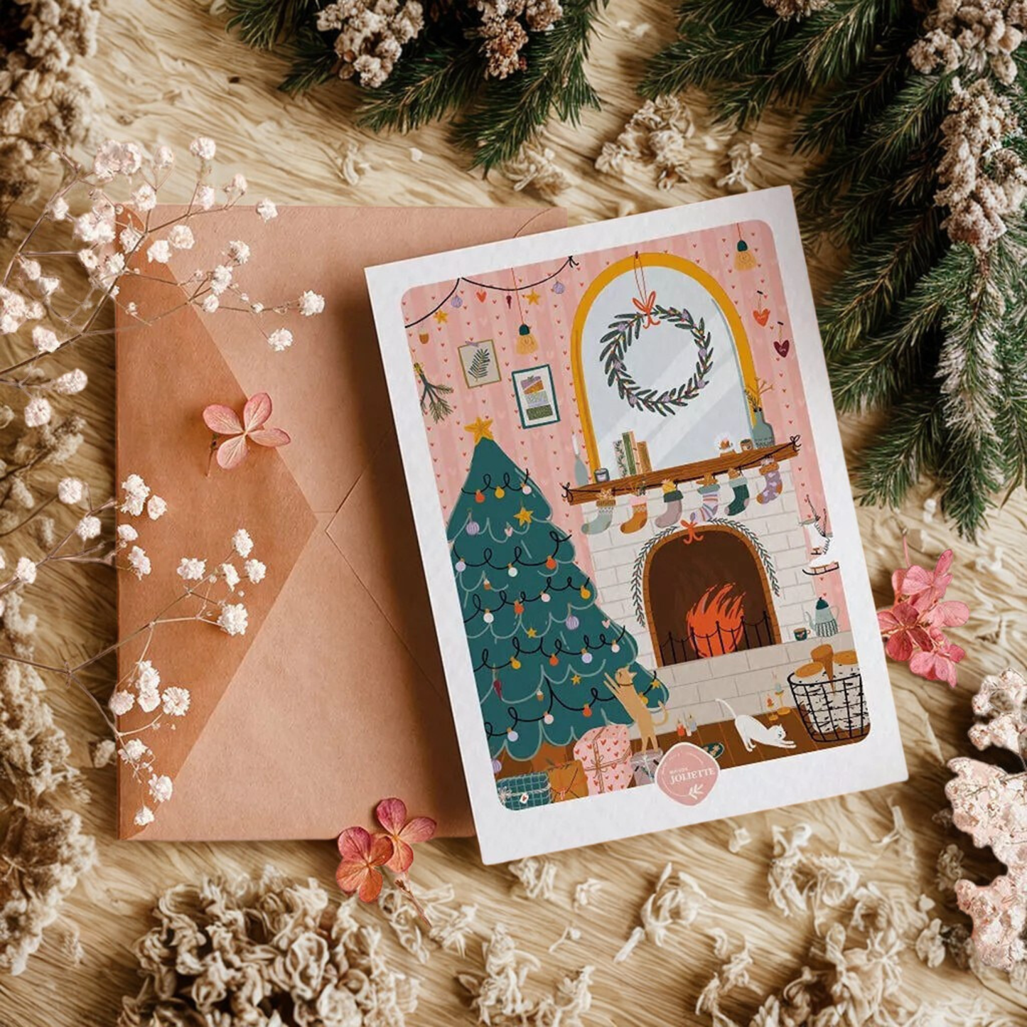 Carte postale Noël chaleureux et son enveloppe