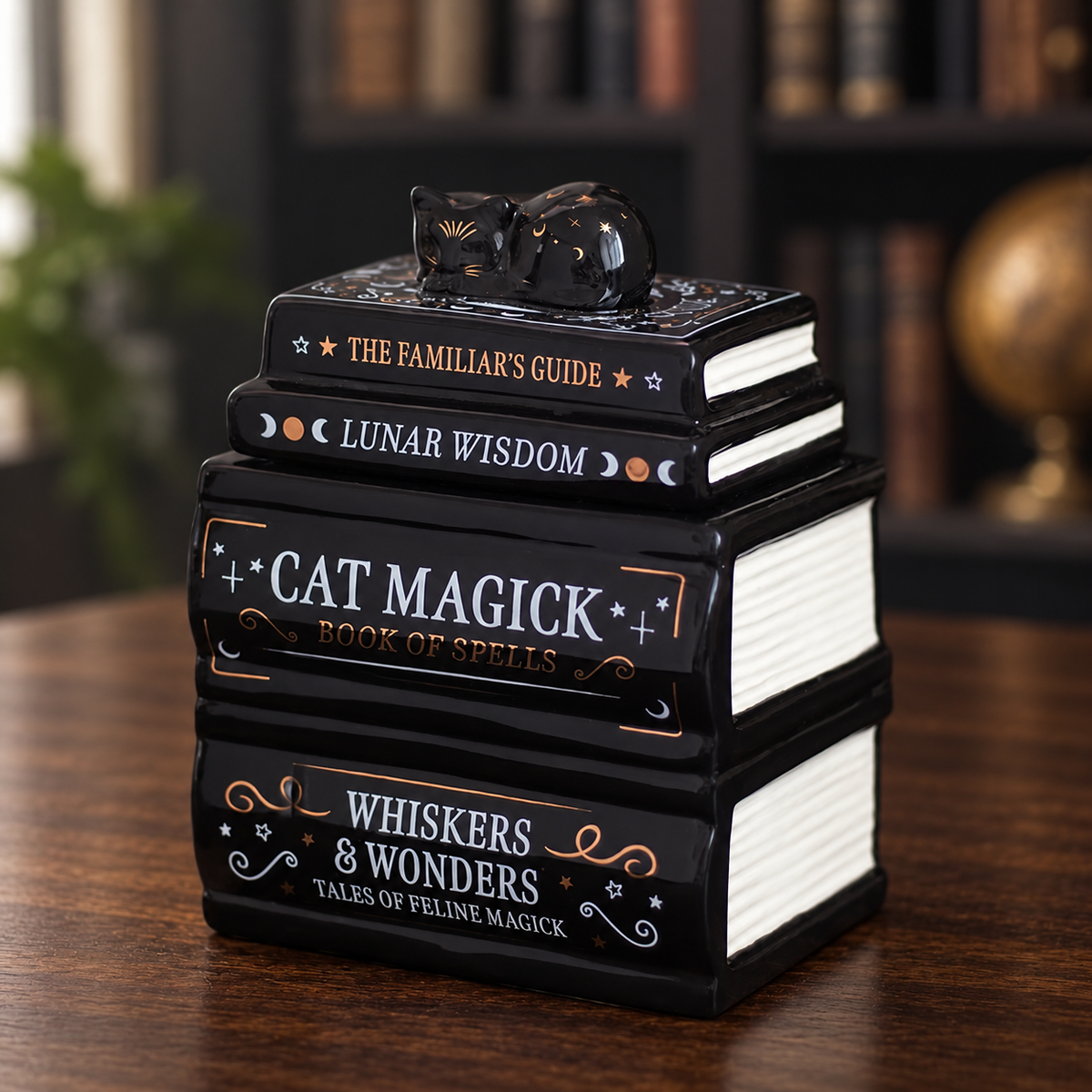 Grand Brûle-parfum pile de livres avec chat noir