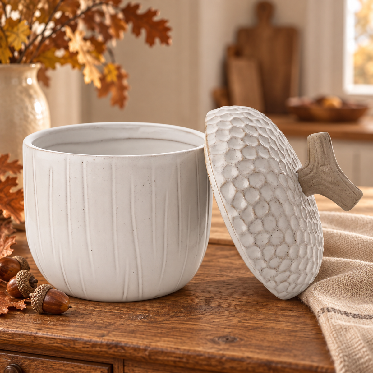Bocal gland en céramique blanche, grand modèle Country Living, dans un décor automnal