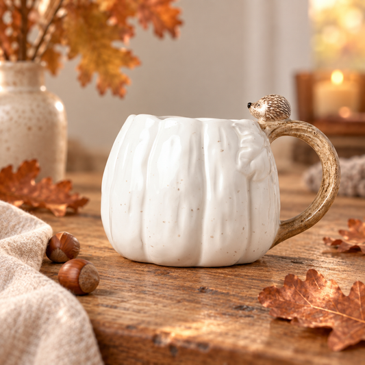 Tasse citrouille blanche avec anse façon branche et petit hérisson Country Living, décor automnal