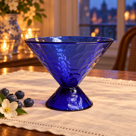 Détail d’une coupelle à dessert sur pied en verre bleu cobalt