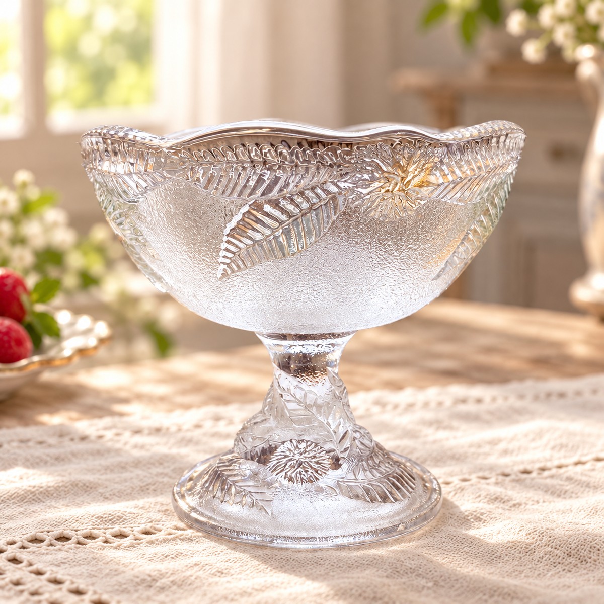 Détail d’une coupelle à dessert en verre moulé avec feuilles et fleurs en relief