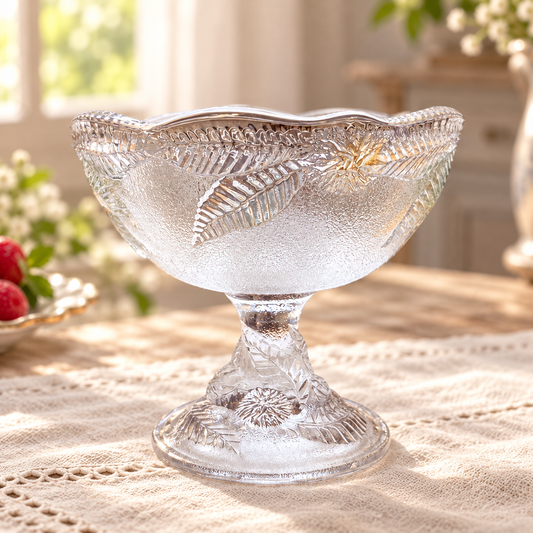 Détail d’une coupelle à dessert en verre moulé avec feuilles et fleurs en relief