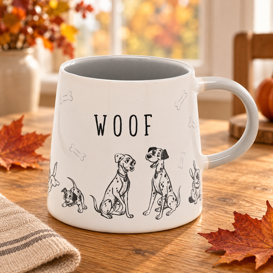Mug Disney WOOF blanc, dessins de chiens en noir et blanc et intérieur gris, décor automnal