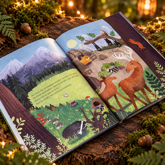 Les Secrets de la forêt – double page illustrée dans un décor forestier enchanteur