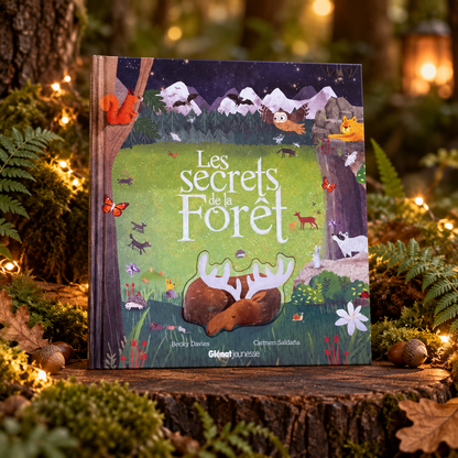 Les Secrets de la forêt – livre jeunesse présenté dans un décor forestier enchanteur