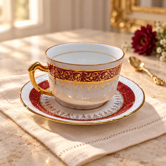 Tasse et soucoupe en porcelaine Décors de Paris, décor bordeaux et doré