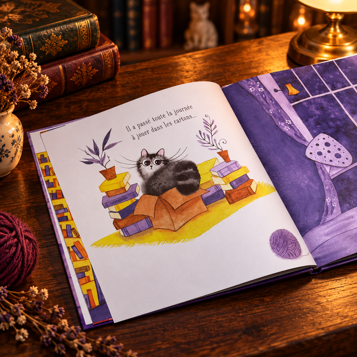 Un p’tit bout de chat – double page illustrée dans une bibliothèque chaleureuse