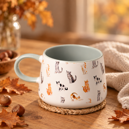 Tasse à motifs de chats The Wildlife by Ling Designs, anse et intérieur vert sauge, décor automnal